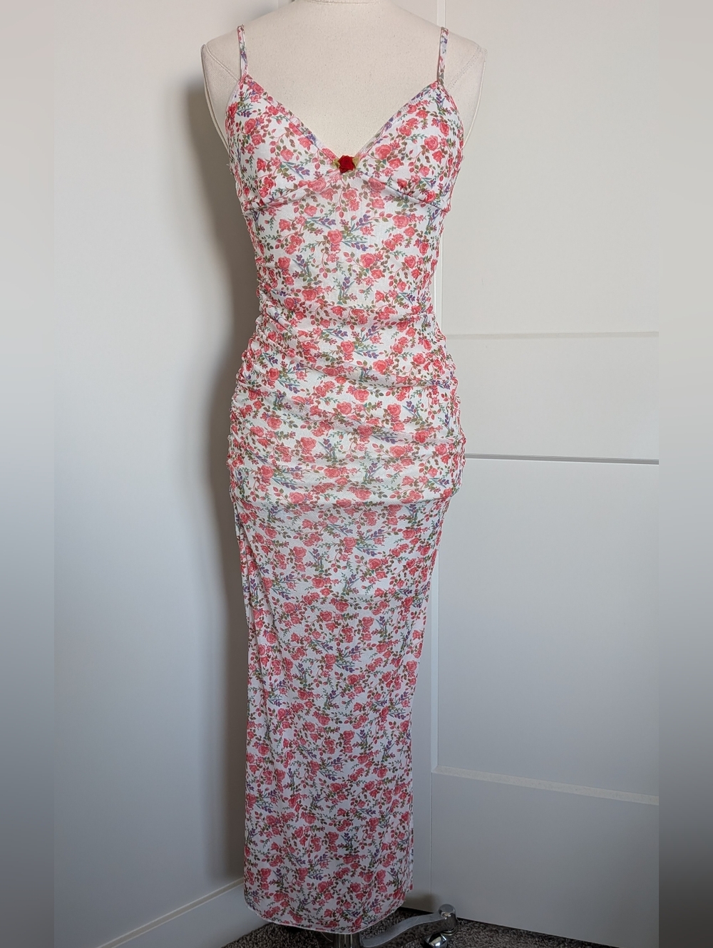 Caution To The Wind Red Roses Floral White Slip Maxi Dress XS